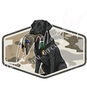 May include: A black Labrador Retriever illustration holding a duck in its mouth, set against a camouflage background within a hexagonal frame. The image has the text "DIGITAL ART COMPANY" and "Mockups" in a cursive font.