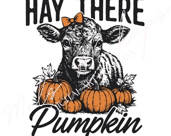 Baby Highland Cow Pumpkin PNG, Retro höstgrafik (digital nedladdning)