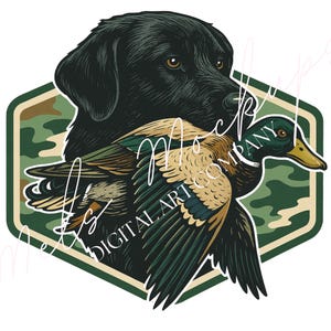 May include: A digital art design featuring a black Labrador Retriever and a mallard duck. The dog's head is positioned above the duck, which is in flight. The design is set against a green camouflage background within a hexagonal shape. The text "Mockups Digital Art Company" is overlaid.