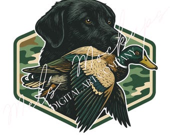 Black Lab Hunting Dog SVG PNG | Duck Camo Patch Design (Digital Download)