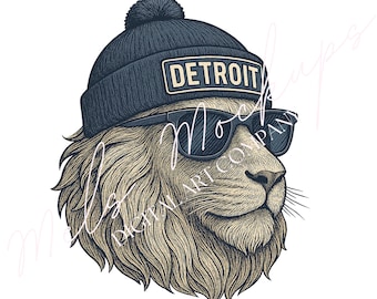 Könnte beinhalten: Illustration eines Löwenkopfes mit einer marineblauen Mütze mit der Aufschrift "DETROIT" auf der Vorderseite und einer schwarzen Sonnenbrille. Der Löwe hat eine hellbraune Mähne und Schnurrhaare. Das Bild hat einen Vintage-Stil, handgezeichnet.