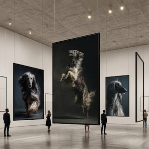 Puede incluir: Grandes impresiones artísticas rectangulares con marco negro suspendidas de un techo de hormigón en una galería. Las impresiones muestran retratos detallados y de alto contraste de perros de pelo largo en varias poses sobre fondos oscuros.