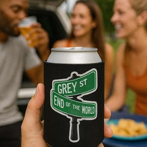DMB Inspired Can Cooler | Grey Street  End of the World Street Sign Can Cooler | Dave Matthews Band Tailgate Accessory