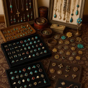May include: A selection of vintage jewellery displayed in wooden frames and trays. The assortment includes necklaces, earrings, rings, and brooches, featuring turquoise, pearl, and gold-toned accents. The jewellery is arranged on a patterned surface, creating a visually rich display.