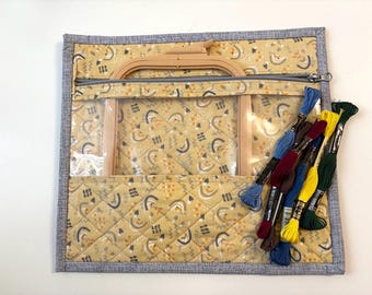 Handmade Quilted Embroidery Project Bag: Floral Organizer with Clear Window