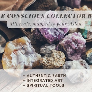 May include: A collection of raw minerals including purple amethyst and banded agate stones, accompanied by a magnifying glass. Text overlay reads: THE CONSCIOUS COLLECTOR BOX, Minerals, mapped to your vision, AUTHENTIC EARTH, INTEGRATED ART, SPIRITUAL TOOLS.