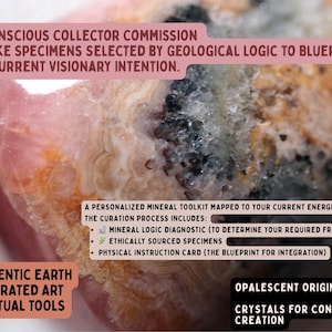 May include: Close-up of a polished, opalescent crystal with pink, white, and brown hues. The image includes text about a personalized mineral toolkit and the curation process, emphasizing ethically sourced specimens and spiritual tools.