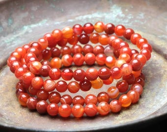 6mm Carnelian Bracelet - Natural Fiery Orange Sacral Chakra Beads for Vitality