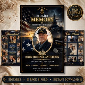 Navy Funeral Program Template, Military Memorial Program, Editable Canva Template, US Navy Veteran Funeral Program, 8 Page Bifold Tribute