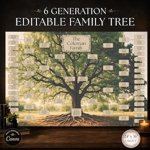 May include: A 6 generation editable family tree chart featuring a large oak tree background. The text reads 6 GENERATION EDITABLE FAMILY TREE and The Coleman Family. A circular badge indicates a 24 inch by 36 inch layout.