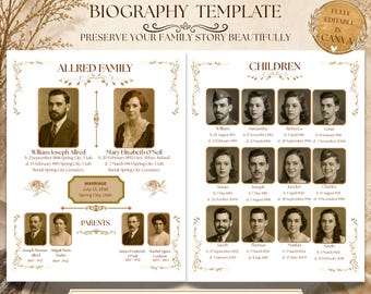 May include: A genealogy template with the title "Ancestor Biography Template" and the text "Preserve Your Family Story Beautifully." The design includes family photos, names, and dates, with sections for the Allred family and their children. The template is fully editable in Canva.