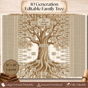 10 Generation Vintage Stammbaum Vorlage: Ahnentafel (Canva bearbeitbar, digitaler Download)