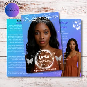 4 Page Obituary Program, Funeral Program Template, Celebration of Life, In Memory of, Obituary Bifold, Editable in Canva, Purple, Sparkle