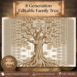 8 Generation Vintage Family Tree Template: Genealogy Chart (24x36) (Canva Editable)