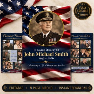 Puede incluir: Una plantilla de programa funerario con un retrato central de un oficial militar en uniforme sobre un fondo de bandera estadounidense. El texto dice In Loving Memory Of John Michael Smith 1945-2026, Celebrating a Life of Honor and Service.