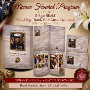May include: A Marine funeral program template with an 8-page bifold design. The program includes matching thank you cards. The design features a photo of a Marine, the American flag, and the text "Marine Funeral Program".