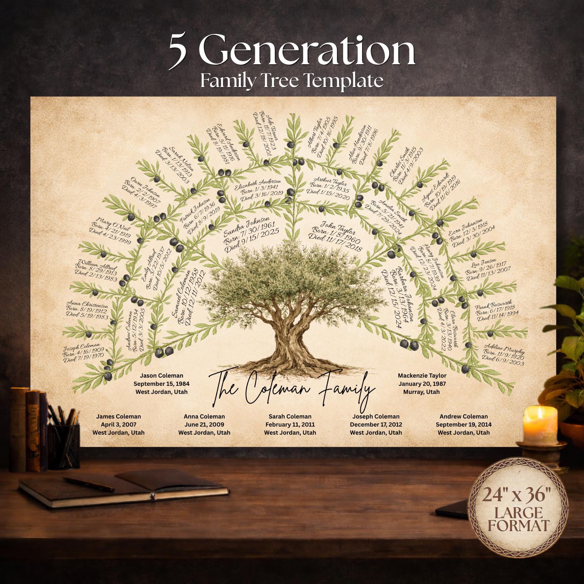 5 Generation Fan Family Tree Template Printable Genealogy Chart Editable Canva Vintage Ancestor Chart 24x36 Family History Gift
