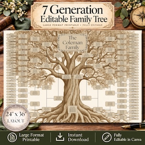 Może przedstawiać: Edytowalne drzewo genealogiczne na 7 pokoleń ze szczegółową ilustracją brązowego drzewa na kremowym tle. Tekst zawiera 7 Generation Editable Family Tree, The Coleman Family oraz 24 x 36 Layout. Zawiera liczne puste pola na imiona i daty, przeznaczone do druku wielkoformatowego.