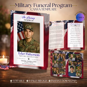 May include: A bi-fold military funeral program template with a photo of a soldier in uniform, the American flag, and the text "In Loving Memory Of Tyler Patterson." The program includes the date of birth and death, and service details.