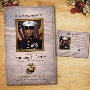 May include: A memorial program and thank you card set featuring a portrait of a Marine Sergeant in dress blues with a white cap. The design includes the text IN LOVING MEMORY, Sergeant Anthony J. Carter, November 11, 1988 - February 27, 2024, and Semper Fidelis.
