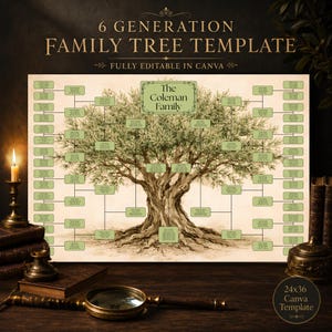 May include: A 6 generation family tree template featuring a large central tree illustration with green text boxes for names and dates. The top text reads 6 GENERATION FAMILY TREE TEMPLATE and the center box reads The Coleman Family. 24x36 Canva Template.
