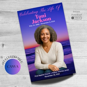 Sunset Beach 4 Page Funeral Program Template: Editable Memorial Bifold (Canva Digital Download)