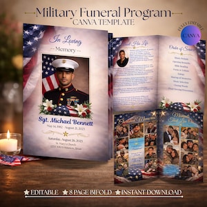 May include: A bi-fold military funeral program template with a photo of a soldier in uniform, the American flag, and floral accents. The program includes the text "In Loving Memory" and "Sgt. Michael Bennett". The program is fully editable and available for instant download.