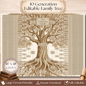 Puede incluir: Un árbol genealógico editable de 10 generaciones con una gran ilustración de árbol marrón y cuadros de texto para nombres y fechas. El encabezado dice 10 Generation Editable Family Tree y el cuadro central The Coleman Family. Se ve una insignia de diseño de 36" x 48".