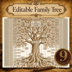 Puede incluir: Un árbol genealógico editable con una gran ilustración detallada de un árbol marrón con numerosos campos rectangulares vacíos para nombres. El texto "Editable Family Tree" aparece arriba y una insignia circular dice "9 Generations".