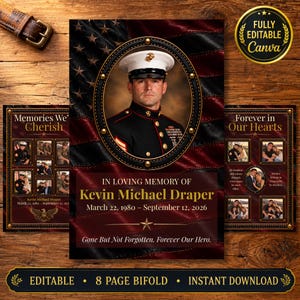 May include: A memorial funeral program template featuring a portrait of a Marine in uniform centered within an oval frame against a dark American flag background. The text reads In Loving Memory of Kevin Michael Draper, March 22, 1980 - September 12, 2026.