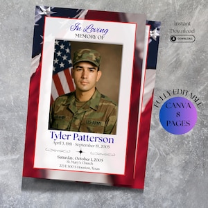 8 Page Military Funeral Program Template: US Army Bifold Obituary (Editable Canva Template)