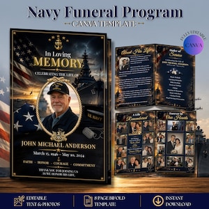 May include: A Navy Funeral Program template with a portrait of John Michael Anderson, a U.S. Navy veteran. The design includes an American flag, a battleship, and the text "In Loving Memory". The program is fully editable.
