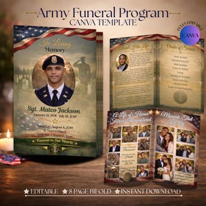 May include: An Army Funeral Program Canva template. The design features an American flag motif with the text "Army Funeral Program" and "Canva Template." The program includes photos, text, and the words "In Loving Memory" and "Forever in Our Hearts."