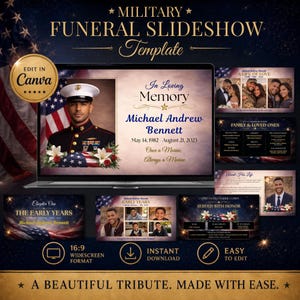 May include: A digital military funeral slideshow template featuring a dark blue background with gold text and American flag accents. The layout includes placeholders for photos, names, dates, and service details, with the text "In Loving Memory" and "Once a Marine, Always a Marine" visible on the main screen.