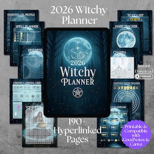 May include: Digital 2026 Witchy Planner with over 190 hyperlinked pages. Includes spell, habit, and moon trackers, a crystal grid, and an essential oil profile. Printable and compatible with GoodNotes and Canva. The cover shows a full moon and forest scene.