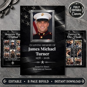 Puede incluir: Una plantilla de programa funerario conmemorativo con un fondo de bandera estadounidense en blanco y negro. El diseño incluye un retrato central de una persona con uniforme militar, el texto In Loving Memory of James Michael Turner 1978-2026 y secciones de collage fotográfico.