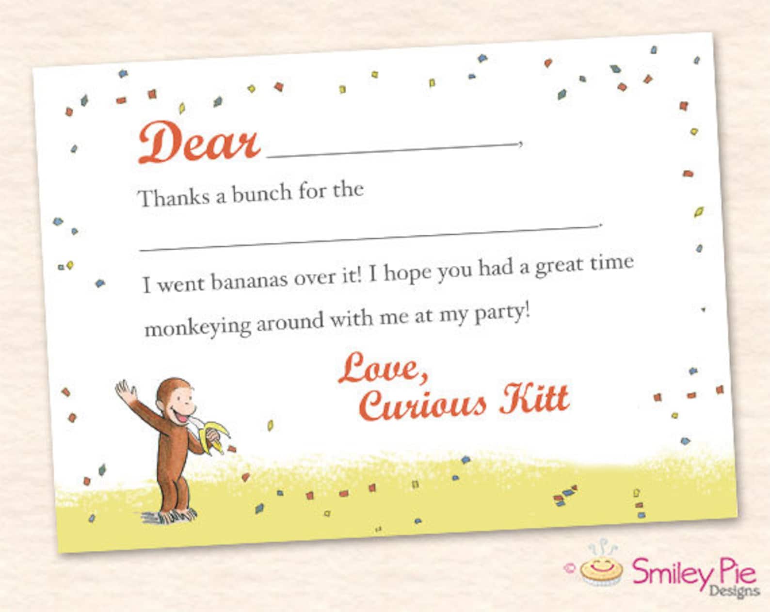 Curious George Thank You Card Vintage Printable File | Etsy