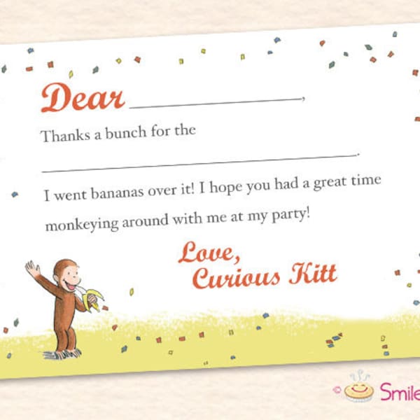 Curious George Thank You Card – Vintage – Printable File – Bananas – Boy – Girl – Unisex – Gender Neutral – Birthday Party