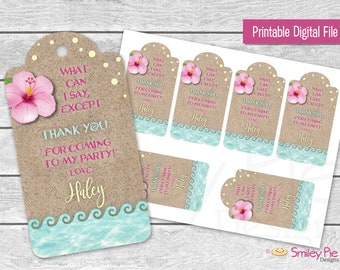 Étiquettes de faveur d'anniversaire Moana : Luau Party Merci (fichier imprimable)