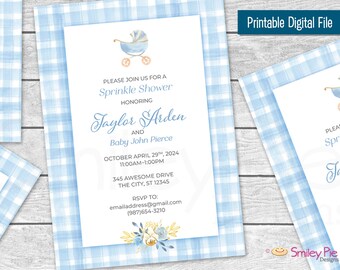 Blue Gingham Floral Baby Shower Invitation (DIY Printable)
