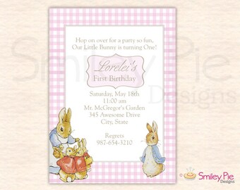 Convite de aniversário do Peter Rabbit - menina - guingão rosa - menina - arquivo para imprimir - convite de festa de aniversário para imprimir