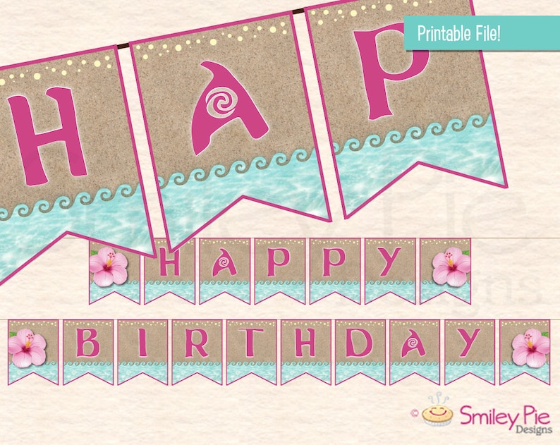 Peut inclure: Banni&egrave;re imprimable avec les mots "Joyeux anniversaire" en lettres roses sur un fond en toile de jute avec des vagues bleues et des fleurs d'hibiscus roses. La banni&egrave;re est parfaite pour une f&ecirc;te sur le th&egrave;me d'un luau ou d'un th&egrave;me tropical.