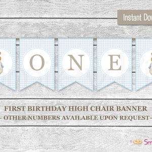 Peter Rabbit First Birthday Highchair Banner - High Chair - Printable File - Blue Gingham - INSTANT DOWNLOAD - Baby Boy