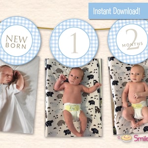 Banner de hitos mensuales de cuadros azules - Banner fotográfico del primer cumpleaños y el primer año - Etiqueta fotográfica mensual - Imprimible - Descarga instantánea