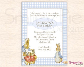 Peter Rabbit Birthday Invitation - Printable File - Blue Gingham - Baby Boy - Birthday Party Invitation