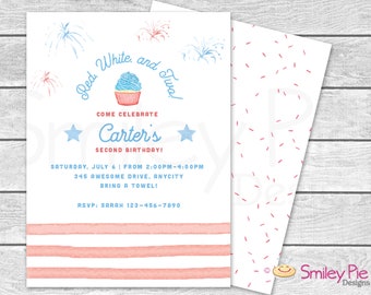 Red White and Two Birthday Invitation: 4th of July Party (Digital File)