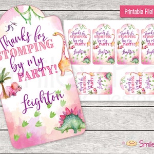 Dinosaur Girl Favor Tags - Printable File - Birthday Party Favor Tags - Baby Girl - Thanks for Stomping By