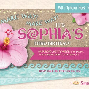 Moana Inspired Birthday Invitation – Pink Hibiscus Flower – Printable File – First Second Third Birthday Invite – Make Way!