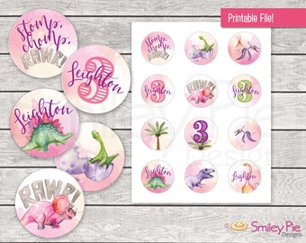 Dinosaurieflicka Cupcake Toppers - Personliga - Cirkelklistermärken - Utskrivbar Fil - Födelsedagsfestklistermärken