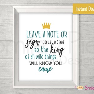 Wild One Party Sign - Guestbook Sign - 8"x10"Printable File - Where the Wild Things Are - Leave A Note - First Second Third Birthday - Crown